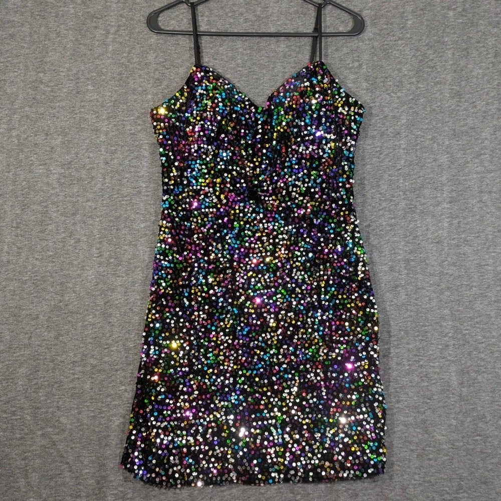 Pear Culture Sequined‎ Rainbow Black Party Dress Size 13/14 Junior or Womans Sm
